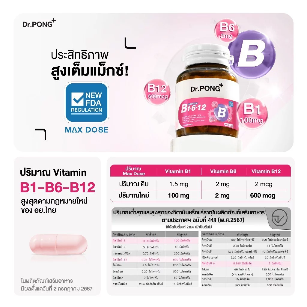 [ของแถมโปรโมชั่น Payday 6.25 งดจำหน่าย]  Dr.PONG B Complex 1-6-12 Vitamin B1 B6 B12 วิตามินบีรวม บำรุงระบบประสาทและสมอง thumbnail 4