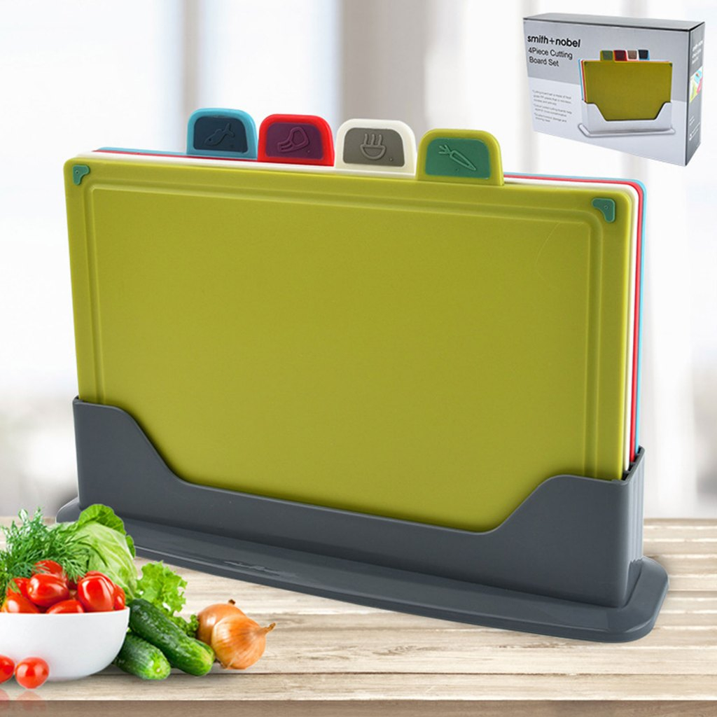 ถูกที่สุด Kitchen Chopping Board with Color Coded Board with Label Chopping Board with Holder Food Grade PP 4Pcs Set🔥COD