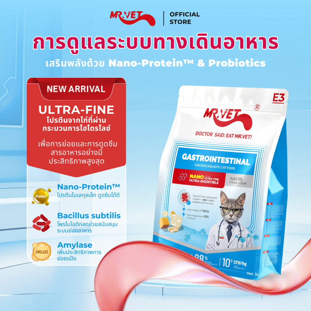 Mr.vet E3 Nano-Protein™ อาหารแมวแห้ง 5กก. ย่อยง่าย ดูดซึมเร็ว เสริมโปรไบโอติก บำรุงระบบย่อยอาหารและลำไส้แข็งแรง
