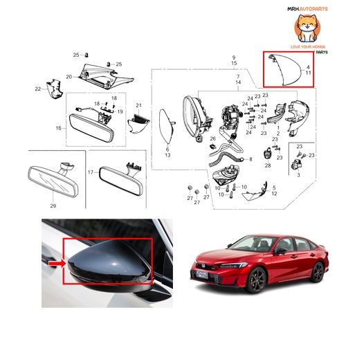 ฝาครอบกระจกมองข้าง Honda Civic FE RS Ehev 2021-ON สีดำเงาแท้ศูนย์ ราคาต่อ 1 ข้าง