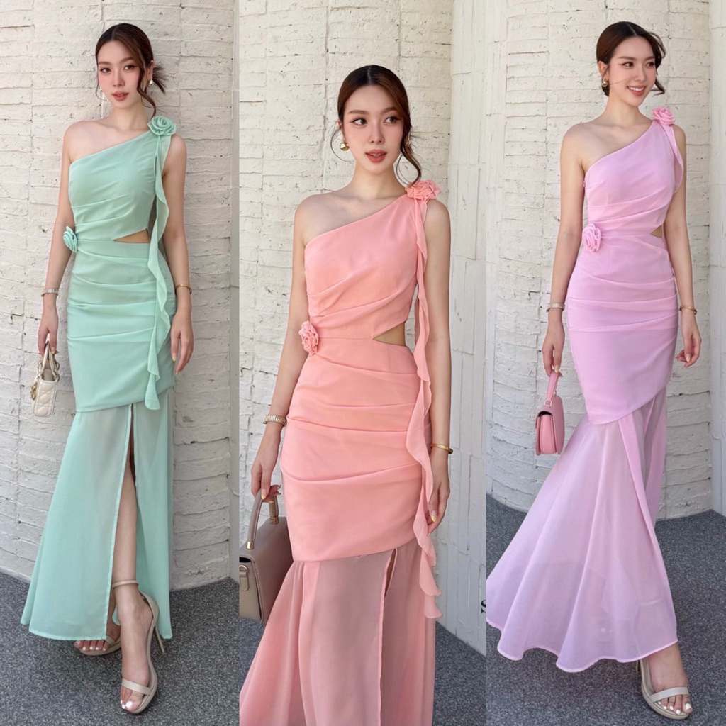 [STYLISTA] เดรสยาวทรง Mermaid ปาดไหล่ข้างเดียวสุดเก๋ ตกแต่งด้วยดอกกุหลาบผ้าบนสายไหล่และช่วงเอว
