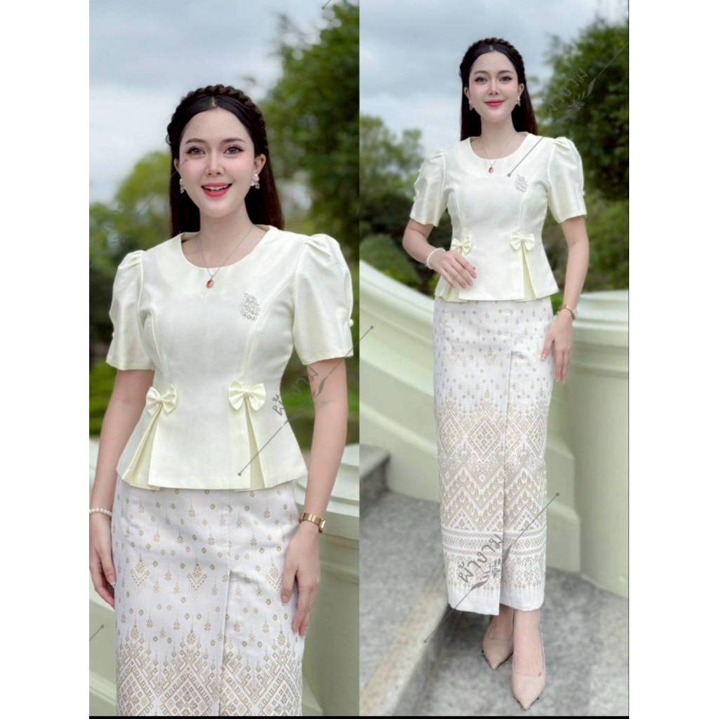 เสื้อไหม​ 4 เส้น​ รุ่นแขนตุ๊กตา​ จีบเอวแต่งโบว์​ น่ารักๆ​ สวยได้ทุกโอกาส​ (เฉพาะเสื้อ)​