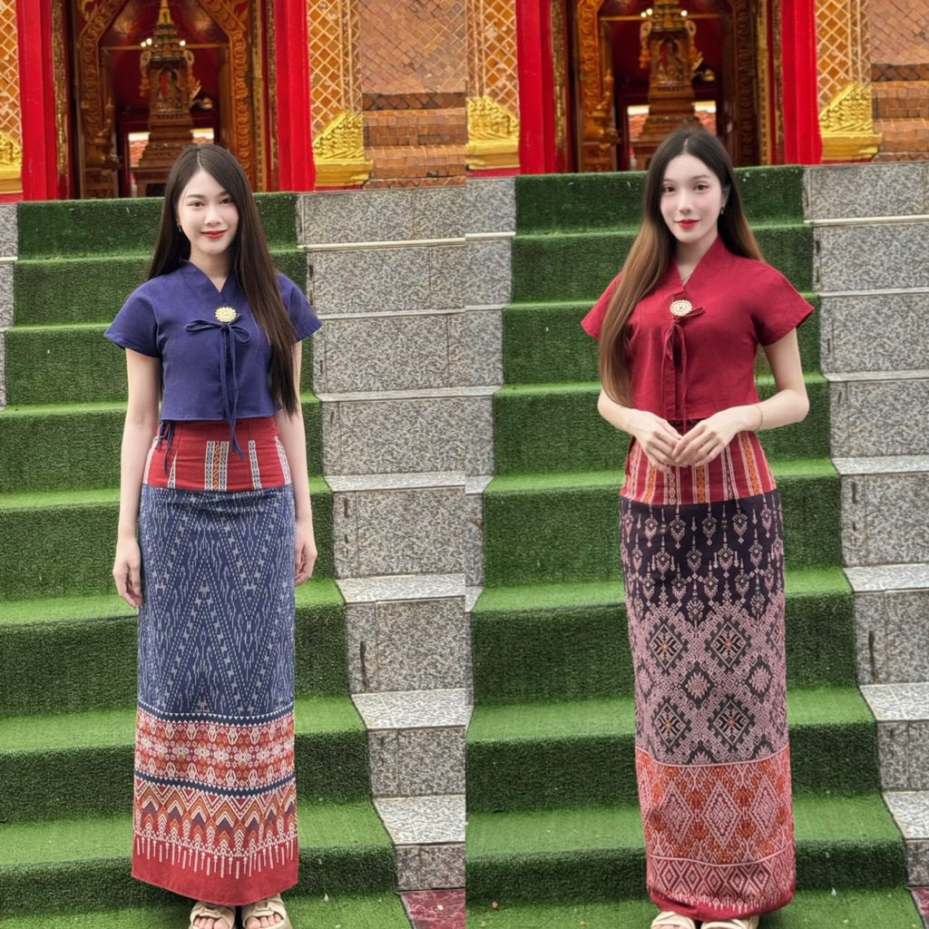 TANTANOD-รหัสTL19 ชุดเซตผ้าไทย เสื้อสไตล์ล้านนา กระโปรงทรงแคบผ่าหลัง(ผ้าฝ้ายพิมพ์ลาย)