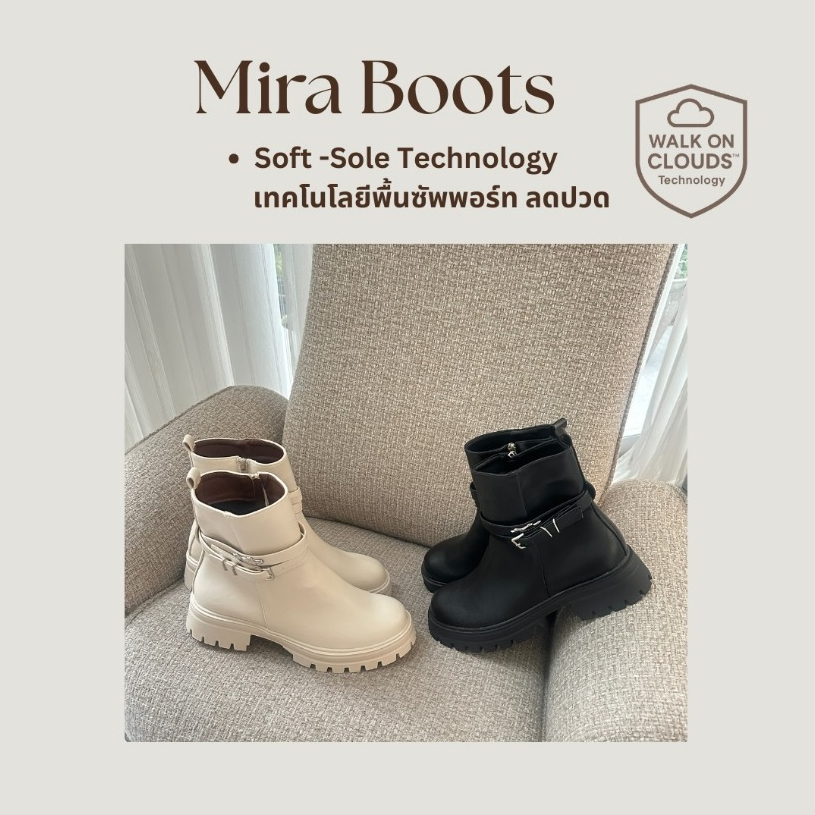 Mira Boots – รองเท้าบู๊ทผู้หญิงพื้นนุ่ม ใส่สบาย บุขนกันหนาว เดินหิมะได้ (สีดำ/ขาว)