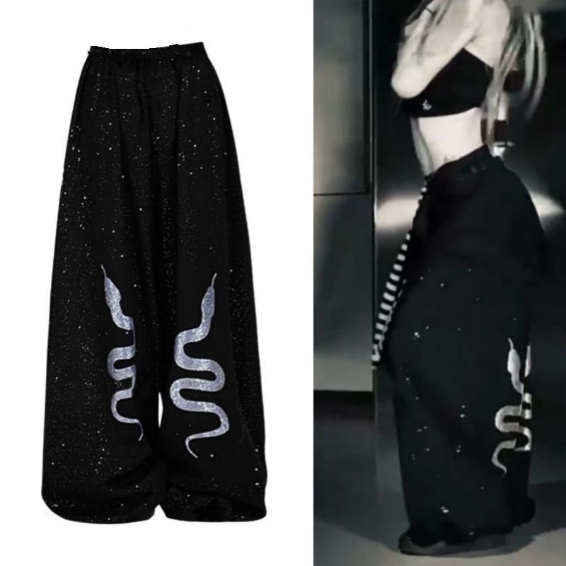 กางเกงวอร์มขากว้างพิมพ์ลายงูประดับเพชรแวววาวสีเงินแวววาวสำหรับผู้หญิงช่วงต้นฤดูใบไม้ร่วง