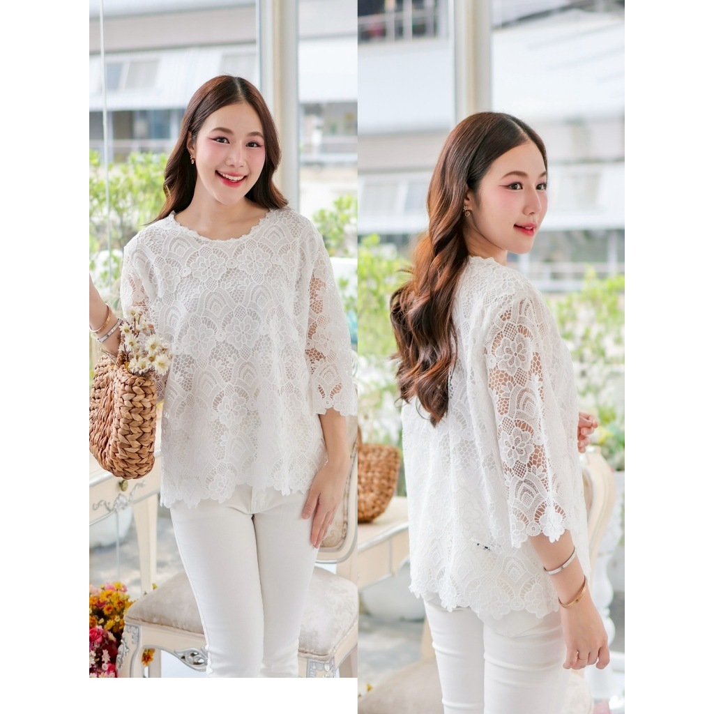 เสื้อลูกไม้สีขาว รอบอก38-42/44-46/48-50นิ้วฟรีไซส์ เสื้อคนแก่ใส่งานบุญ