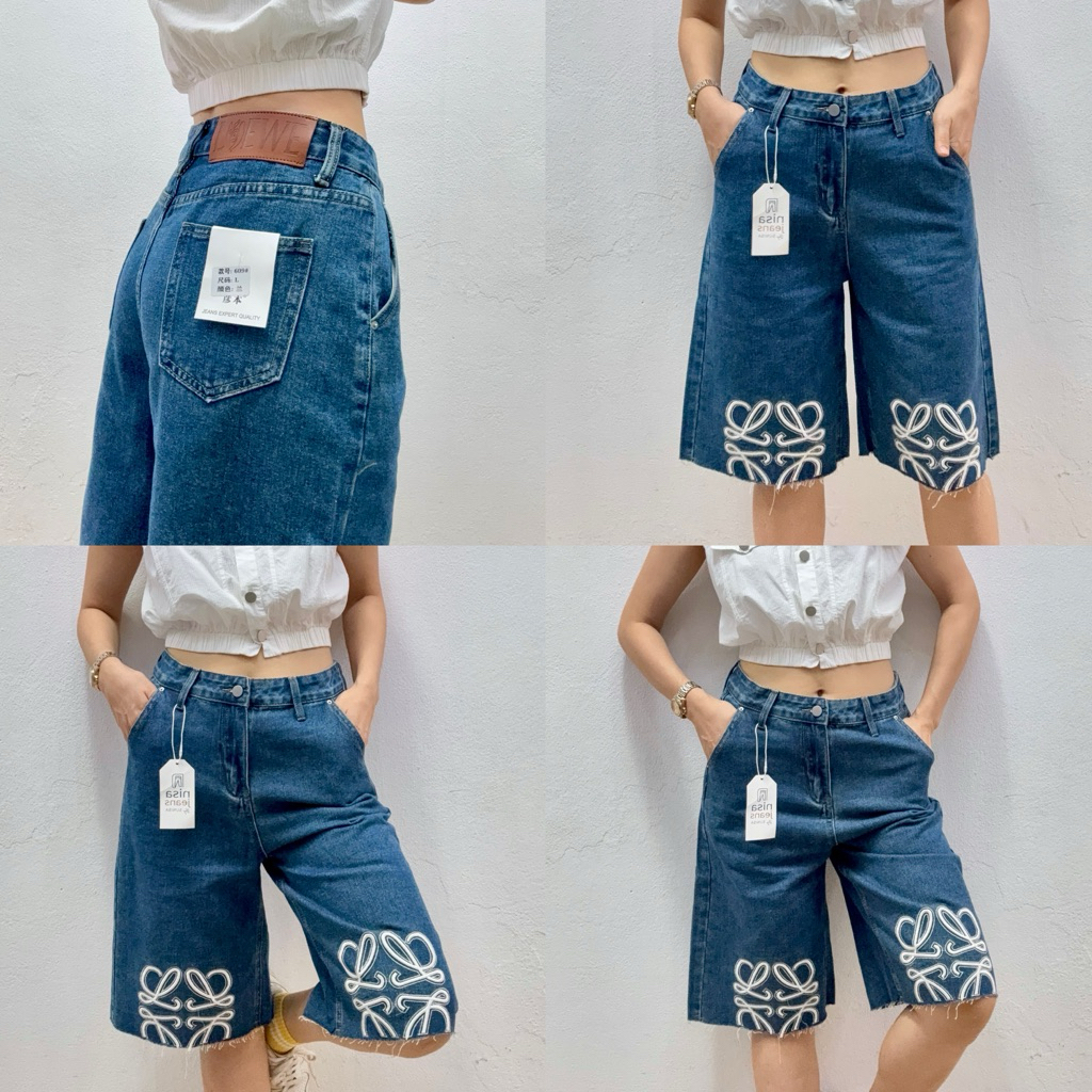 กางเกงยีนส์ห้าส่วนปักแน่นปายขาตัด ป้ายหนัง