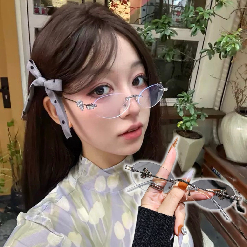 ✨พร้อมส่งจากไทย✨CC-23แว่นไร้กรอบทรงไข่ แว่นสไตล์Y2k แว่นกรงแสงไร้กรอบแต่งเพรชแกรมๆ