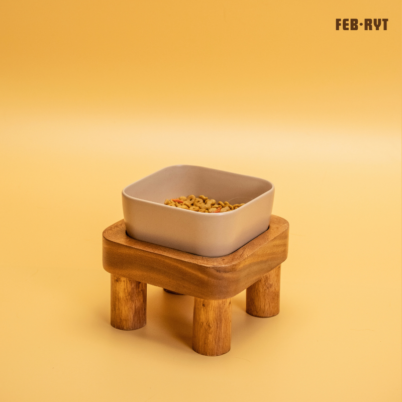 Square Wooden Stand 4-Legs with square bowl แท่นไม้ทรงสี่เหลี่ยม4ขา+ชามเซรามิคเหลี่ยมสัตว์เลี้ยง