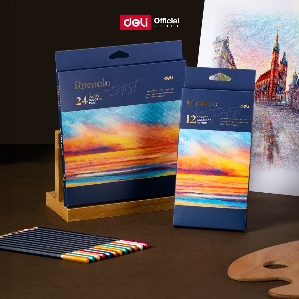 Deli Finenolo ดินสอสีไม้ ระบายน้ำได้ ด้ามจับ 6 เหลี่ยม ชุด 12/24 สี Color Pencils จำหน่าย 1 ชุด