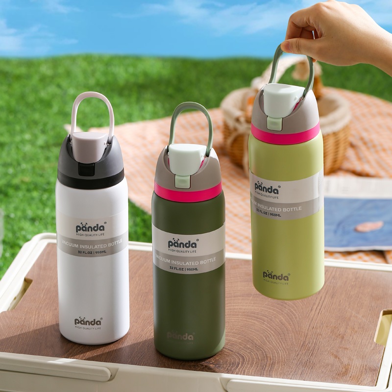 PANDA NEW!!! ขวดน้ำเก็บความเย็น 32oz/950ML สแตนเลส304 เก็บเก็บความเย็น มีหูจับ มีหลอดดูด ยกดื่มได้ พร้อมจับ 8สี