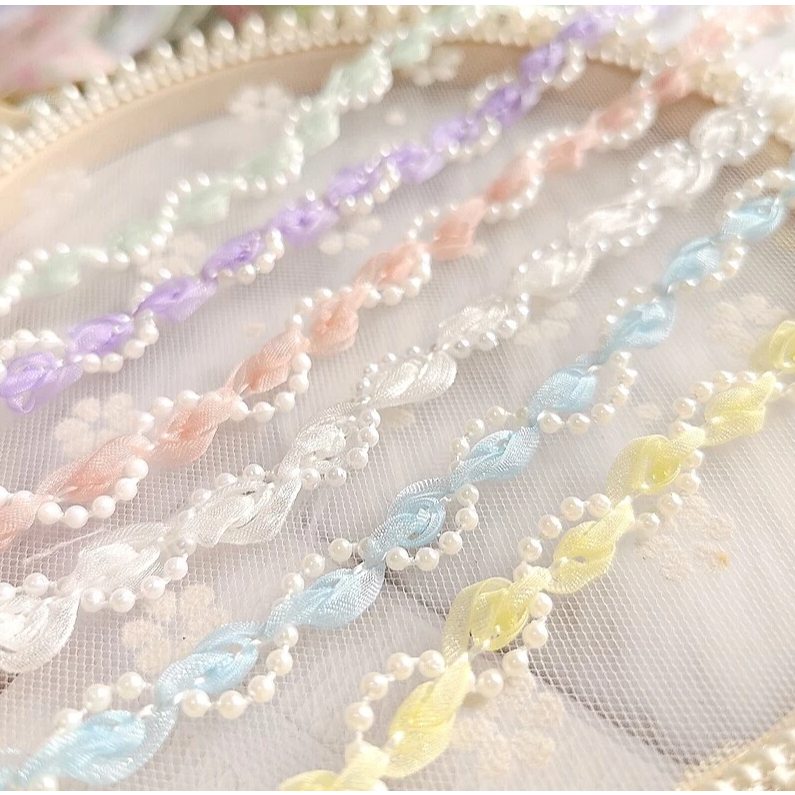 Macraft ริบบิ้นลูกไม้มุก ถักเกลียว Organza + Pearl Beads สีพาสเทล สำหรับงานตัดเย็บ DIY (ขายเป็นหลา)