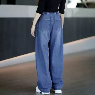 S-10XL กางเกงยีนส์หญิง ทรงกระบอกเอวสูง ใส่สบาย เอวยางยืด ปรับเอวด้วยเชือก