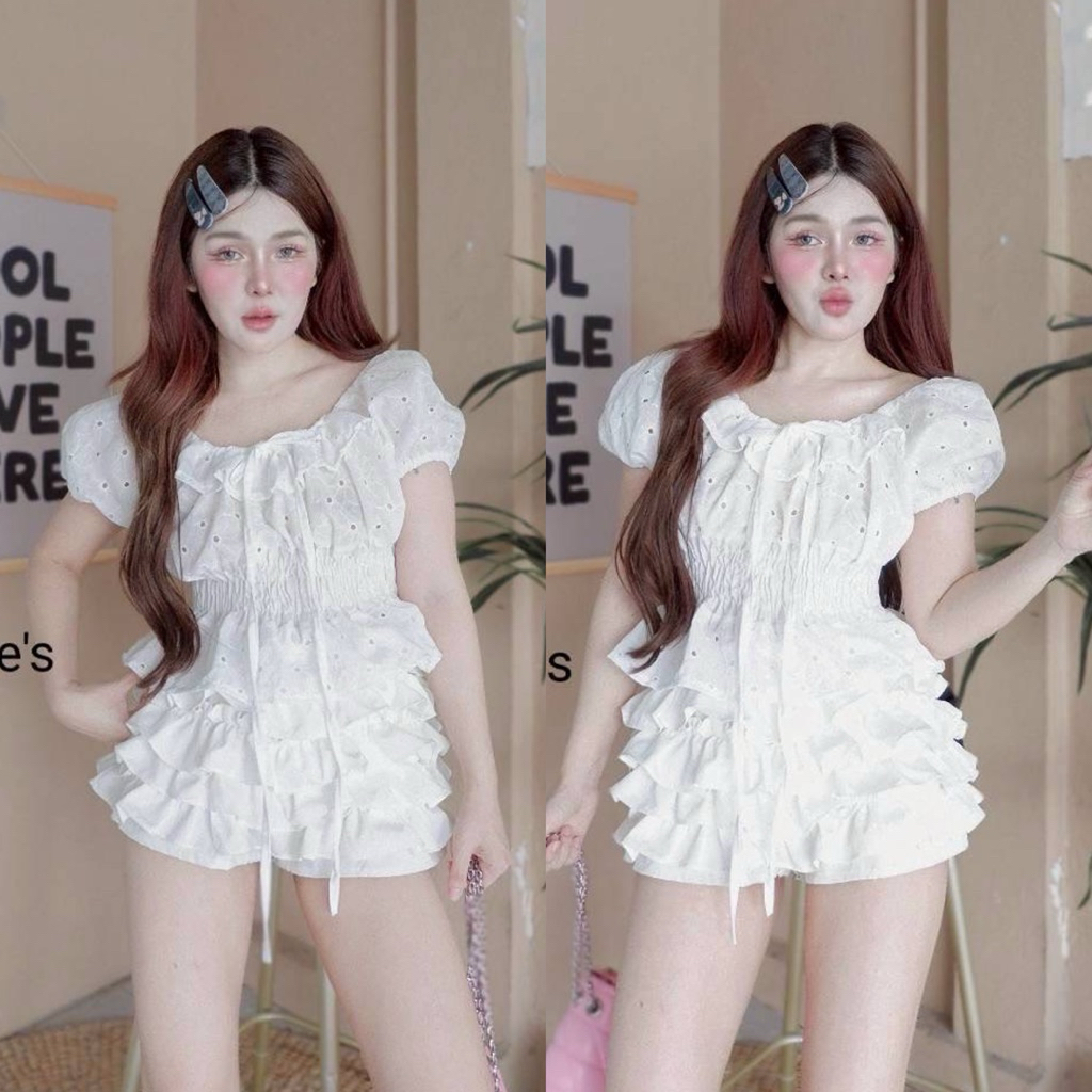 🌸OVP🌸 เสื้อสม็อคเอว แขนดอลลี่ ผ้าคอตตอนฉลุดอกไม้ สม็อคเอว เสื้อครอป