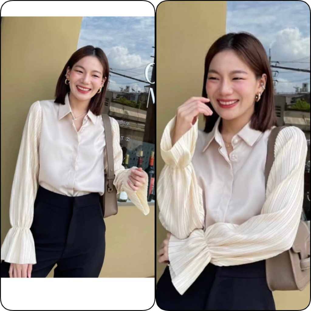 Aandob (2nd) : M Top เสื้อแขนยาว แขนอัดพลีท ออกงาน สีครีม