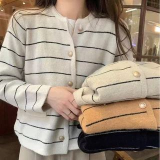 🔥พร้อมส่งจากไทย🔥เสื้อสเวตเตอร์ถักคอกลมลายทางสไตล์หอมใหม่