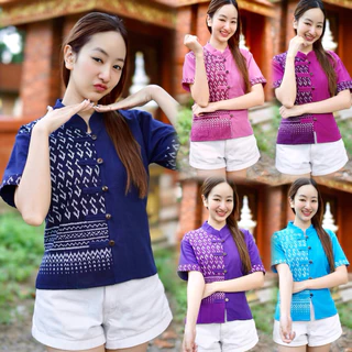 เสื้อลายขอทูโทนแต่งครึ่ง 5กระดุม (มีทั้งหมด 13สี)