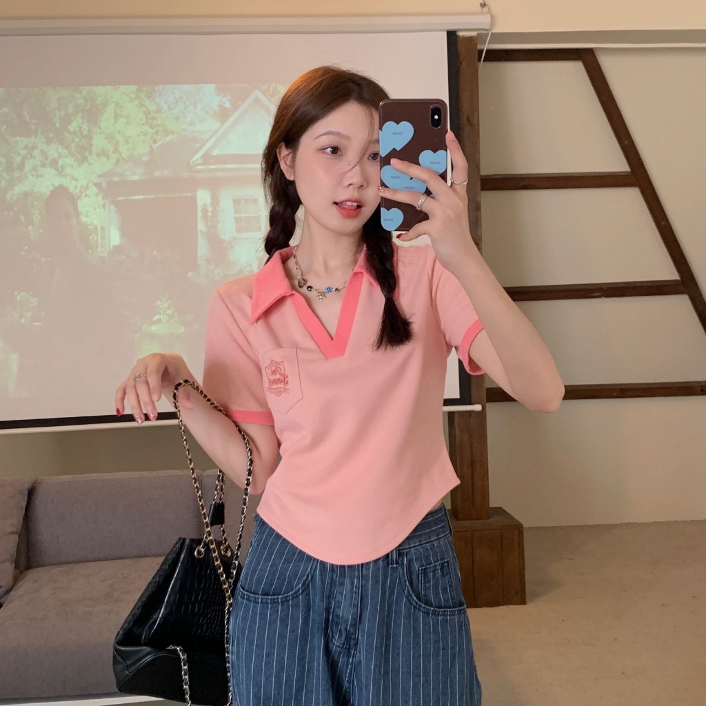 เสื้อยืดคอโปโลแขนสั้นผู้หญิง ทรงหลวม ลำลอง หลากสี ผ้าใส่สบาย - รูปที่ 3