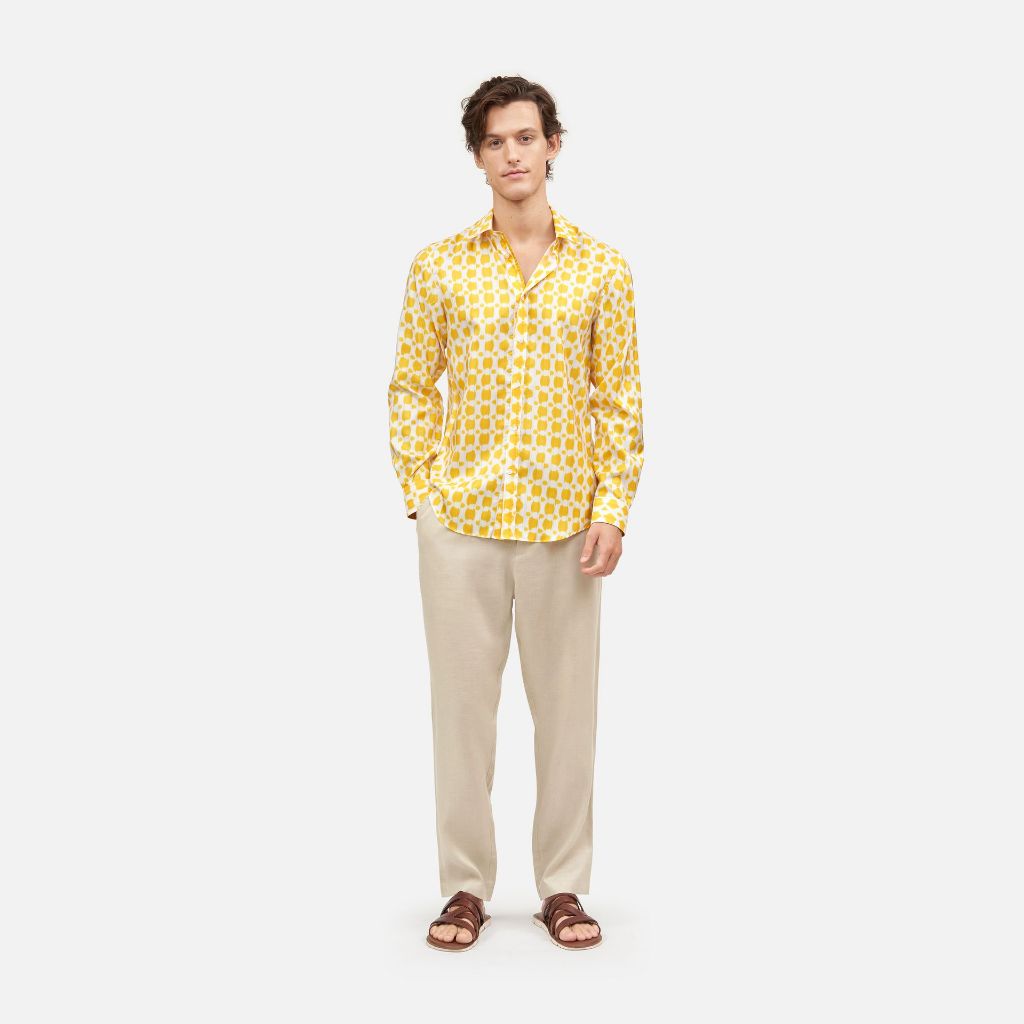 Ikat Polka Dot Silk Classic Long Sleeve Shirt Yellow