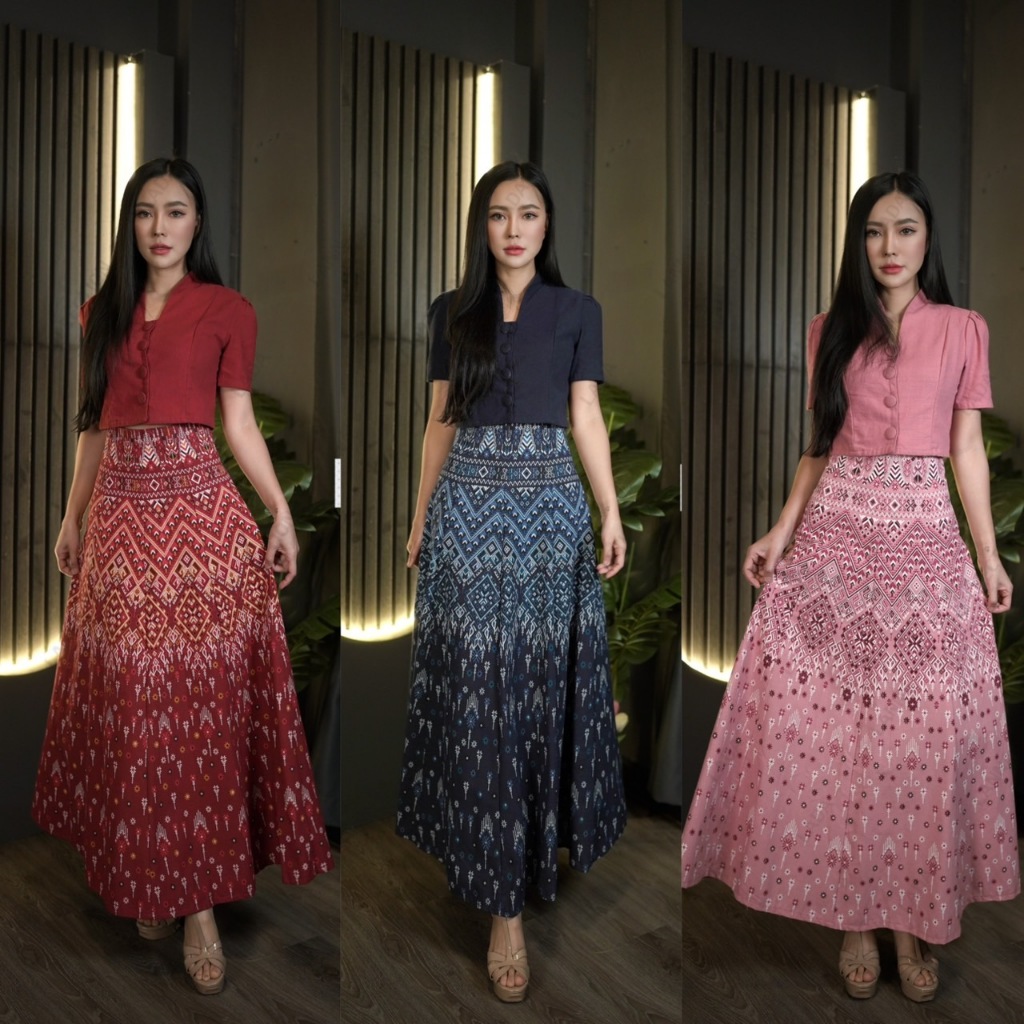 เซ็ทเสื้อคอปีนและกระโปรงทรง8ชิ้นลายหัวจกพันดาวV2 มี 3 สี (ผ้าฝ้ายพิมพ์ลาย)