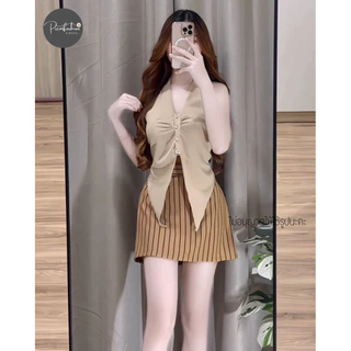 @PREM🌸ชุดเซ็ต 2 ชิ้นเสื้อคล้องคองานเวียดสวยไฮโซพร้อมกระโปรงลายริ้วสั้น