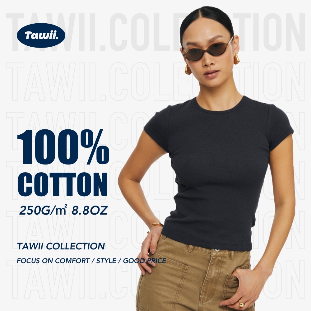 Tawii. เสื้อยืด ทึบ 100% Cotton สุภาพสตรี Slim Fit รอบคอตัดแฟชั่นสบาย ๆ นุ่มและระบายอากาศ