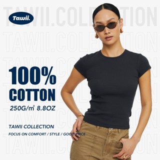 Tawii. เสื้อยืด ทึบ 100% Cotton สุภาพสตรี Slim Fit รอบคอตัดแ…