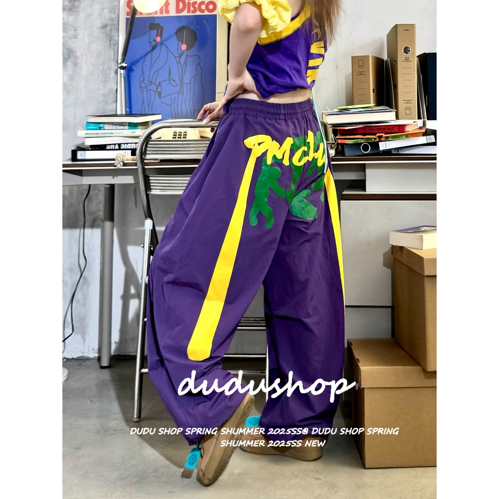 [Hip-hop print design, sports trend wide-leg pants]กางเกงลำลองขากว้างเอวสูงพิมพ์ลายสตรีทแดนซ์ฮิปฮอป