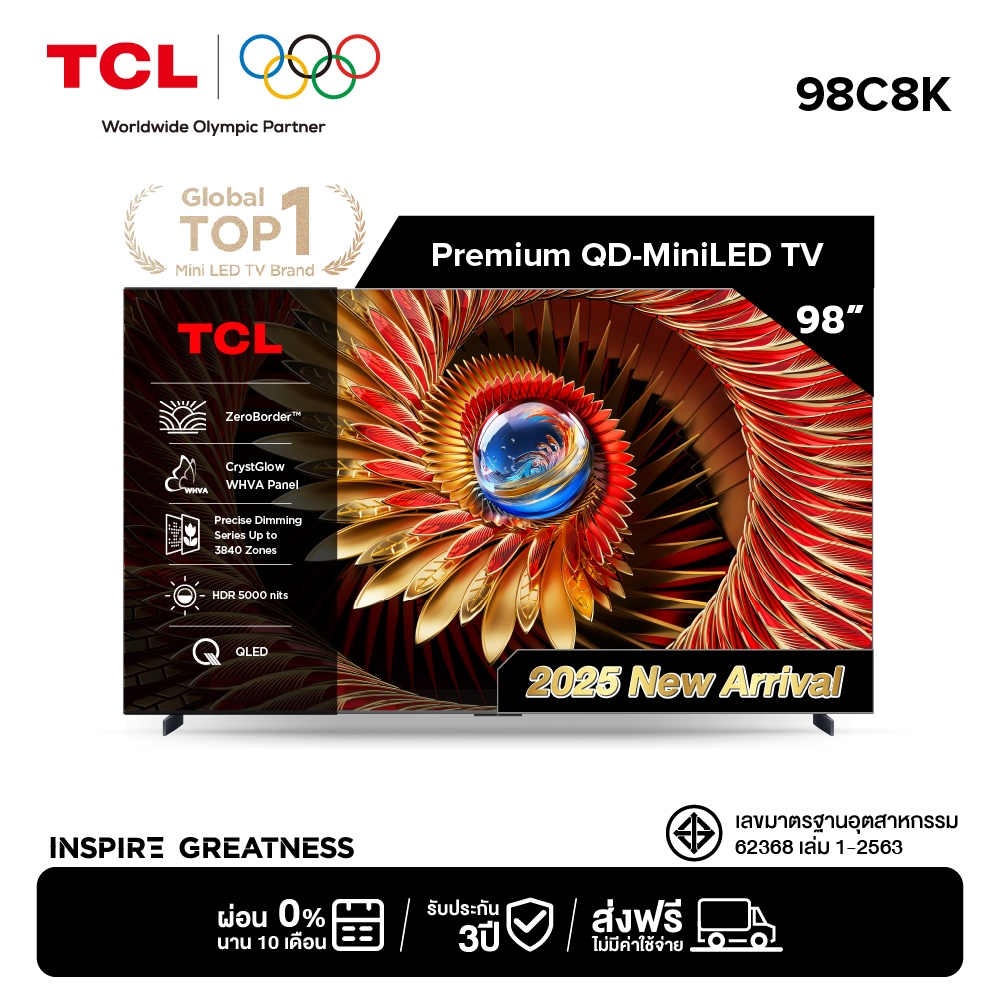 [NEW 2025] TCL ทีวี 98 นิ้ว 4K Mini QLED Google TV รุ่น 98C8K CrystGlow WHVA Panel ZeroBorder ภาพคมช