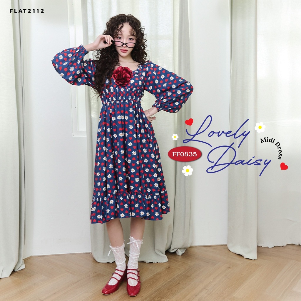 FLAT2112 : LOVELY DAISY MIDI DRESS ชุดเดรสยาวเเฟชั่น เดรสยาวใส่ง่าย  เดรสใส่เที่ยว เดรสใส่สบาย (FF0835)