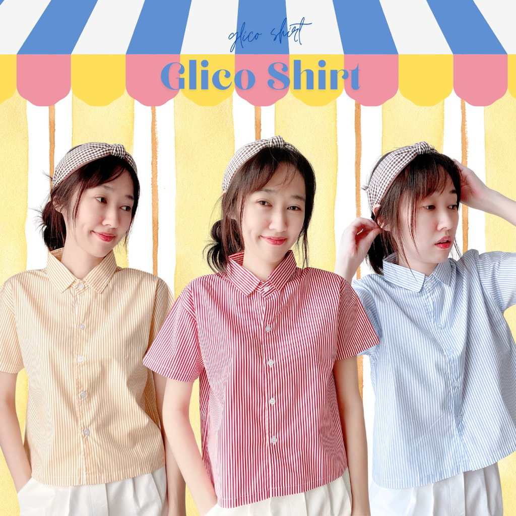 Pikpok♡ Glico Shirt เสื้อเชิ้ตลายทาง เสื้อเชิ้ตครอป ผ้าคอตตอนใส่สบายไม่ร้อนใส่ทำงานใส่เที่ยวได้น่ารัก