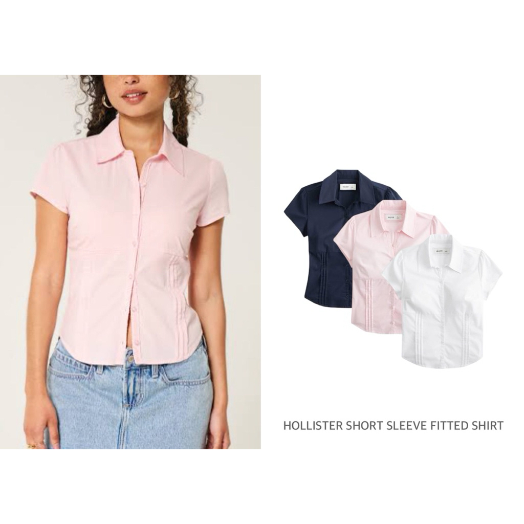 HOLLISTER เสื้อเชิ้ต คอปก มีเชือกผูก SHORT SLEEVE FITTED SHIRT (C1801)