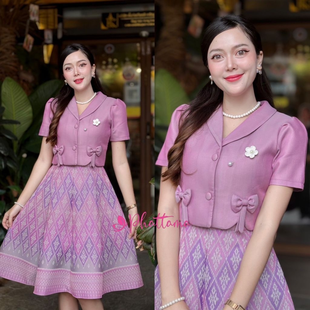 ชุดเดรสผ้าทอมัดหมี่ลายเเต่งกั๊กคอกล้วยหอมติดโบมีกระดุม2เม็ดกระโปรงทรงย้วย