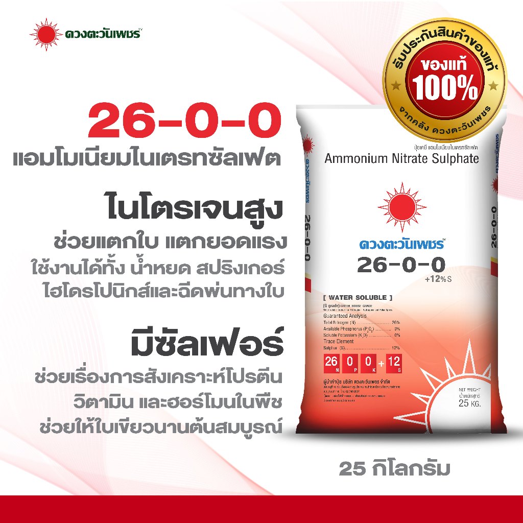ปุ๋ยสูตร 26-0-0+S12% ขนาด25 กก ละลาย100% พ่นทางใบได้ เขียวไว เร่งแตกยอด แตกกอ ต้นสูง