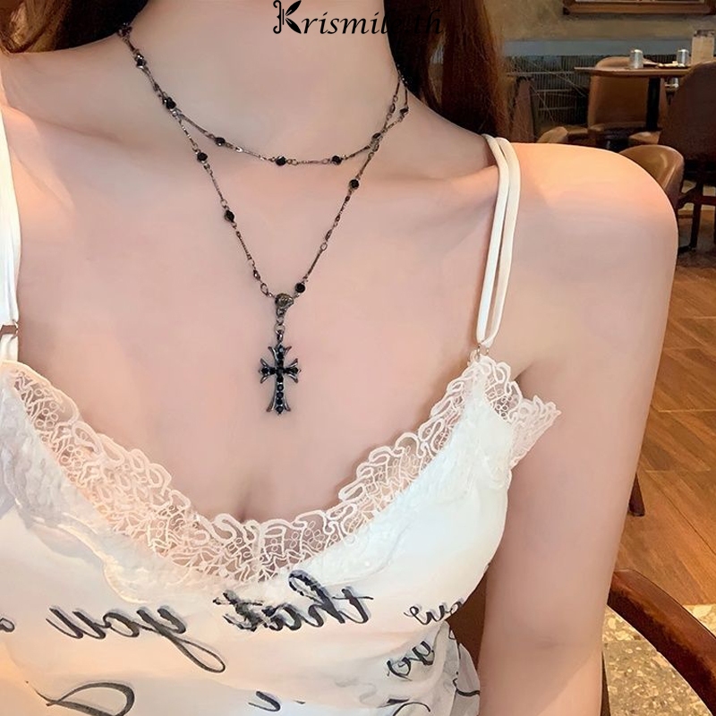 COD-ในไทย💖สร้อยคอลูกปัดข้ามยาวสองชั้นซ้อน แนววินเทจแฟชั่นโกธิคสไตล์หวานเท่ โซ่ไหปลาร้า สําหรับผู้หญิง