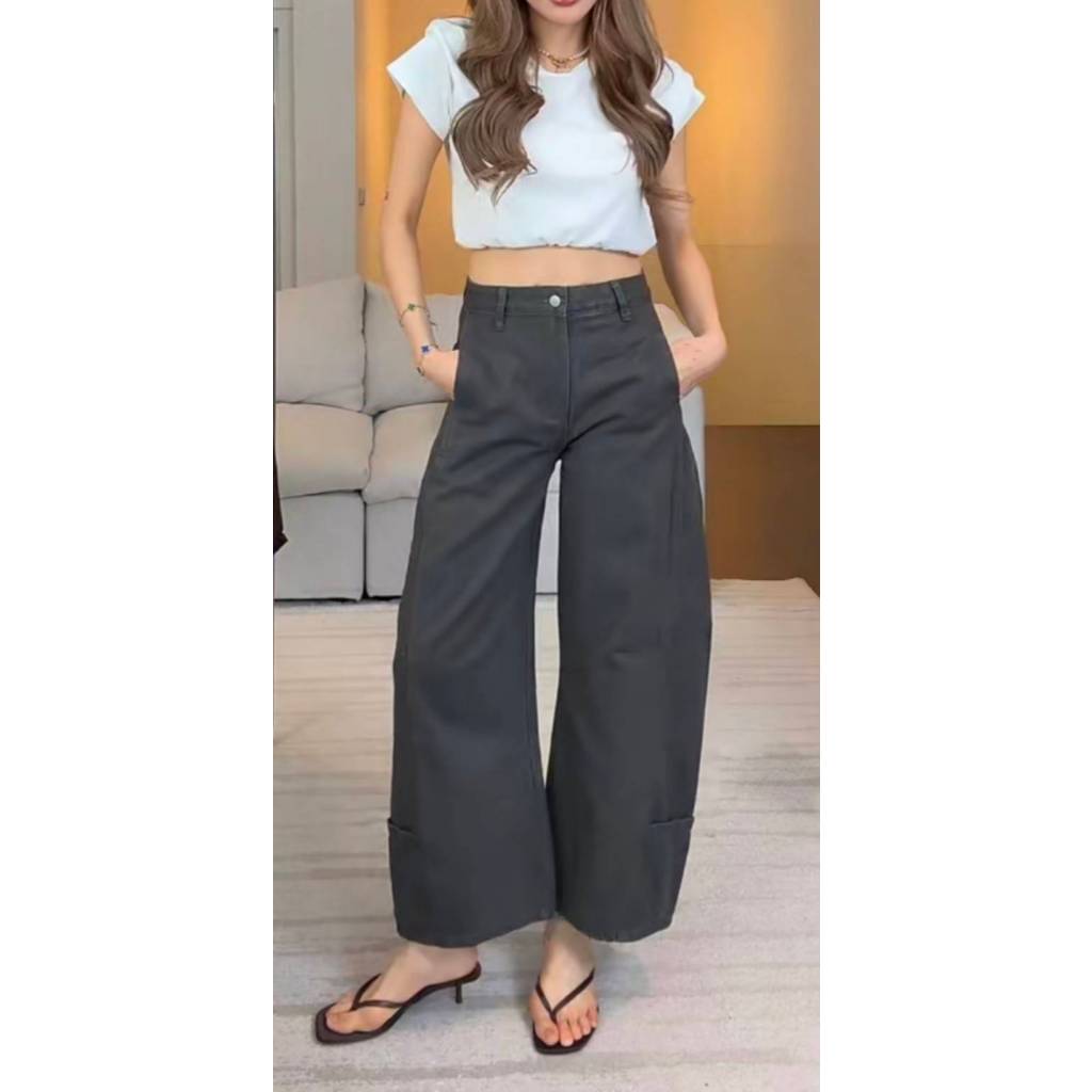 PTJ30301 Rene Cargo Barrel กางเกงยีนส์คาร์โก้ขากระบอกใหญ่ปัก PROMTHONG