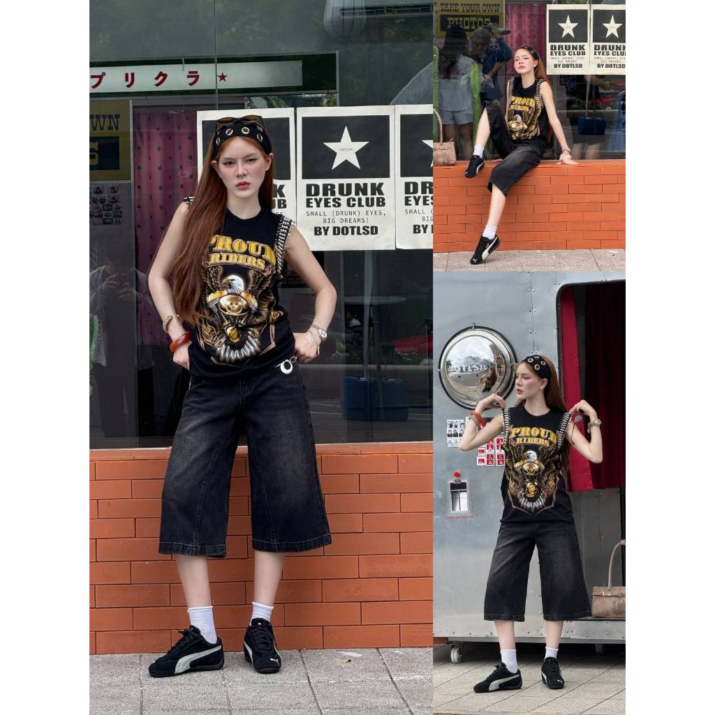 •BACK UP STUDIO• BUS 6497-1 "JEANS" กางเกงยีนส์ เอวสูง ขาสั้น 5 ส่วน ทรงกระบอก แต่งยับหน้านูน