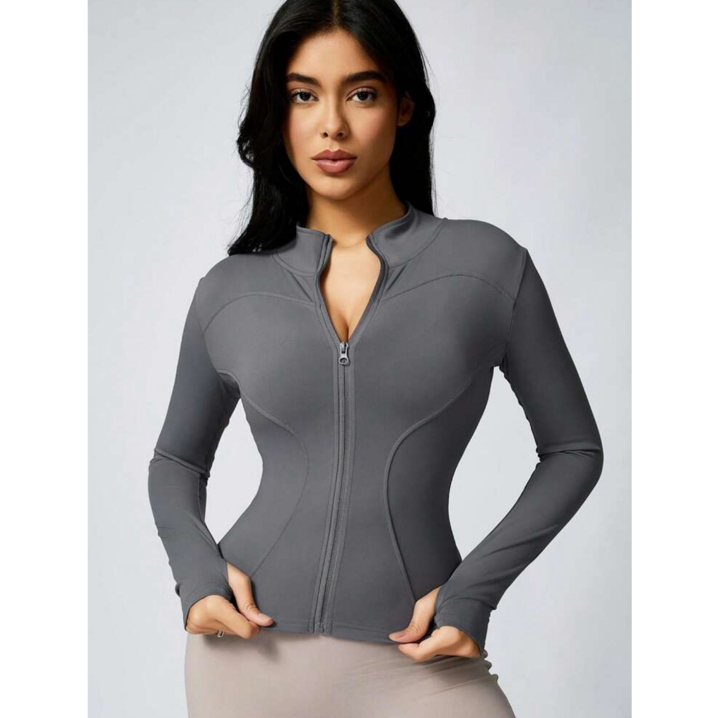 🔥【เตรียมส่ง】🔥(Yoga)ผู้หญิงสีทึบรูนิ้วหัวแม่มือแขนยาวกีฬาซิปแน่นกระชับสลิมมิ่งแจ็คเก็ตโยคะกีฬาแจ็คเก็ต - รูปที่ 4