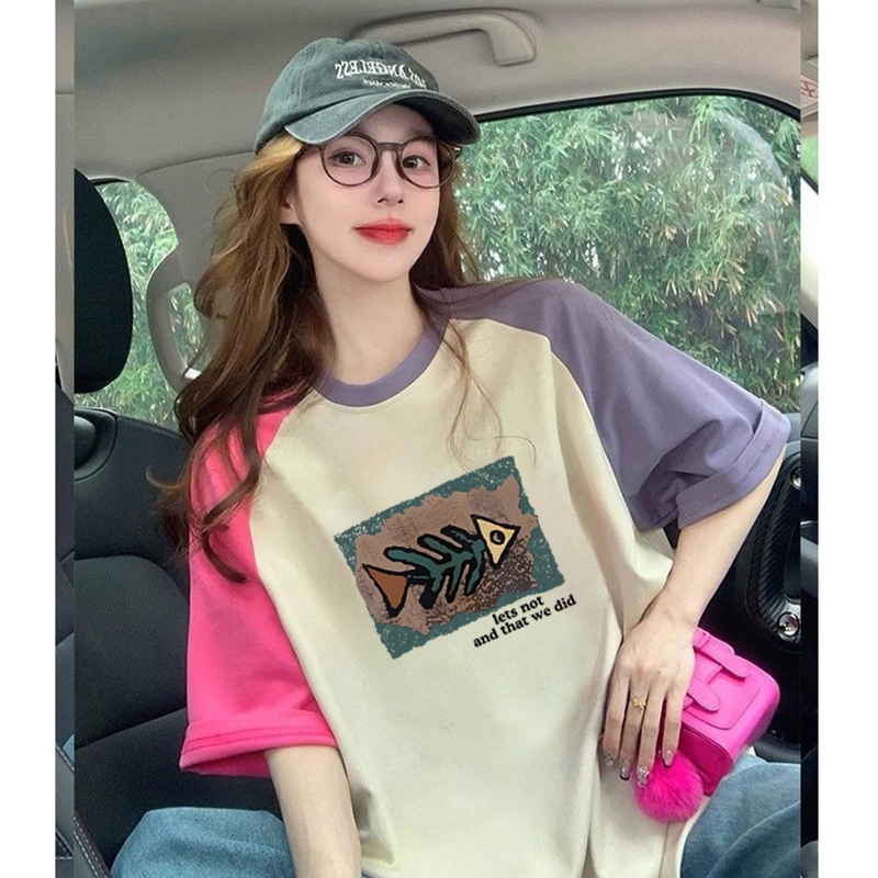 เสื้อยืดสวยๆผู้หญิงกําลังฮิตใหม่ล่าสุด oversize เสื้อผ้าสาวอวบไซส์ใหญ่ แฟชั่นเกาหลี เสื้อโอเวอร์ไซส์ลายวินเทจ สีทูโทนม้า