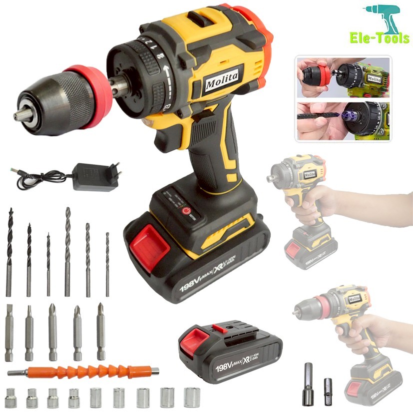 MOLITA สว่านไร้สาย สว่านไร้สายแท้ สว่านไฟฟ้าไร้สาย 198V ไขควง ไฟฟ้า สว่านไขควงไร้สาย สว่านไขควงกระแท