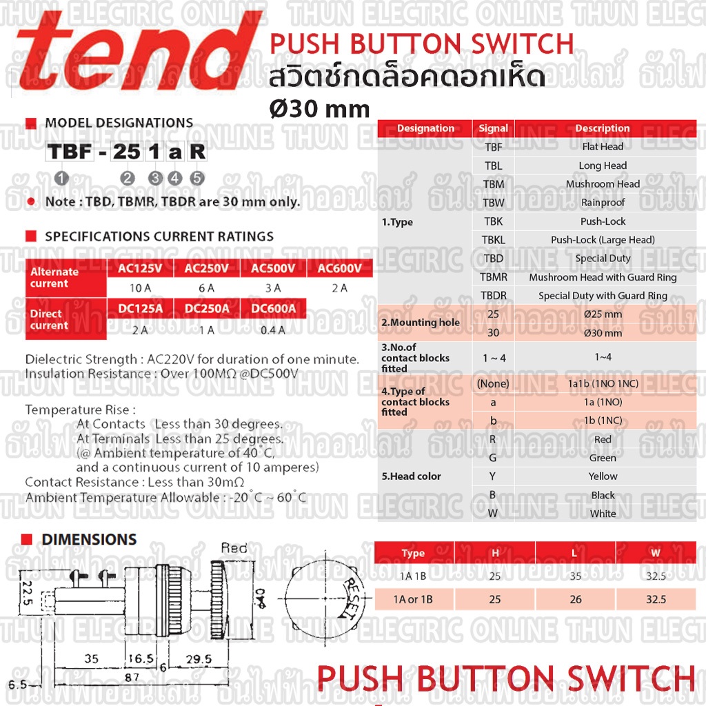 Tend สวิตช์กดล็อคดอกเห็ด ขนาดรูเจาะ 30มม. รุ่น TBK-301R 1a1b ปุ่มกด หัวเห็ด ปุ่มฉุกเฉิน กดล็อก Emergency Stop Switches ราคา ถูกที่สุด ดีลบีเคเค แกลเลอรีภาพที่ 4