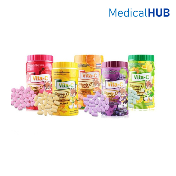 Vita-C Vitamin C 25mg ไวต้าซี วิตามินซี 1 กระปุก 1000 เม็ด องุ่น /ส้ม / สตรอเบอรี่ / มะนาว / สับปะรด