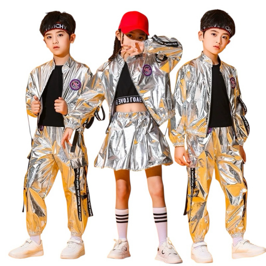 (ส่งจากไทย เร็ว1-2วัน) ชุดhip hop เด็กแขนยาวขายาว มีฮู้ด ซิปหน้าสีเงิน