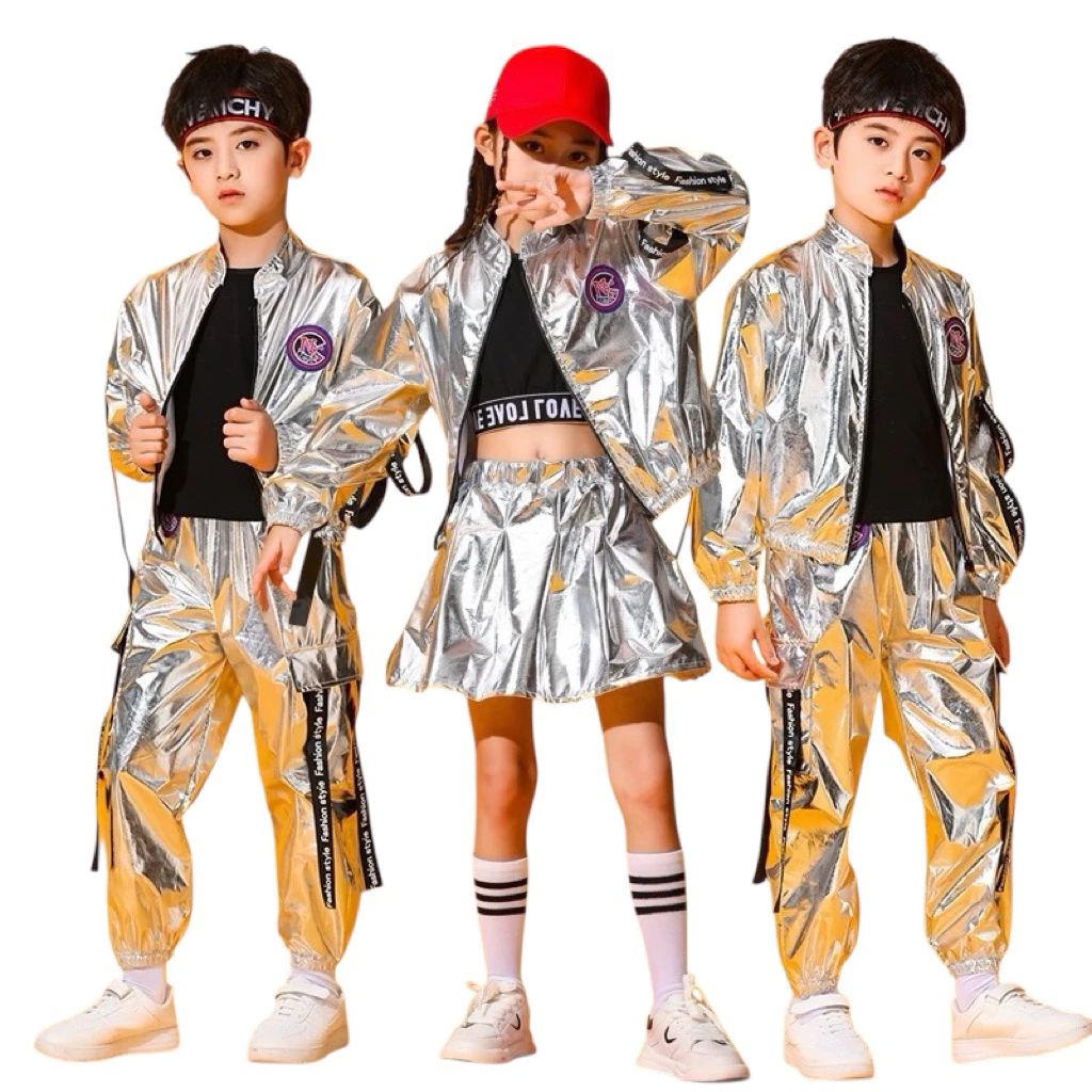 (ส่งจากไทย เร็ว1-2วัน) ชุดhip hop เด็กแขนยาวขายาว มีฮู้ด ซิปหน้าสีเงิน