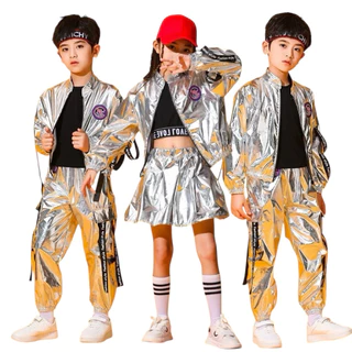 (ส่งจากไทย เร็ว1-2วัน) ชุดhip hop เด็กแขนยาวขายาว มีฮู้ด ซิปหน้าสีเงิน