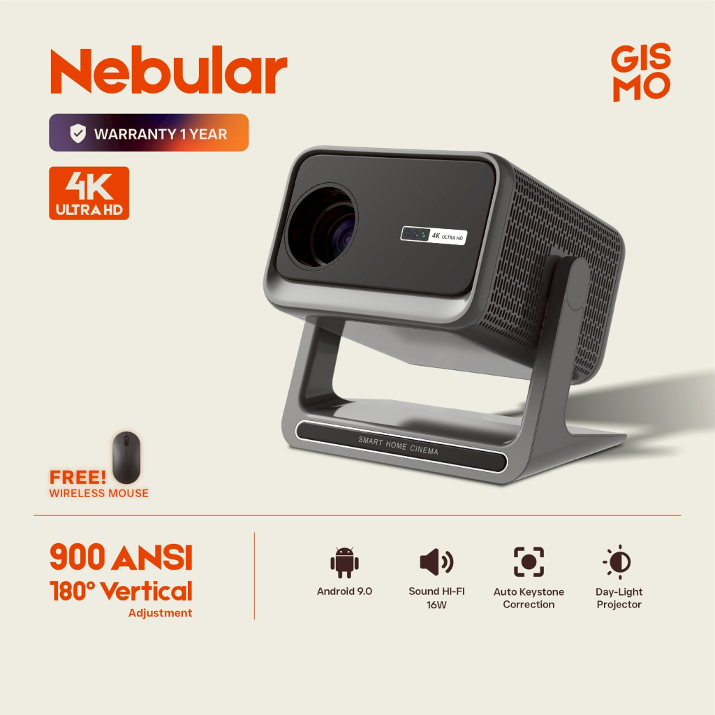 GISMO📍Nebular 4K Projector โปรเจคเตอร์ ความสว่างสูง 900 ANSI Built-In Andriod 11.0 HIFI 15W  หมุนได้