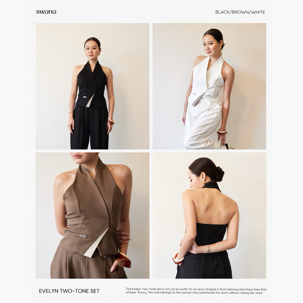 Swana.ss - Evelyn two-tone set XS-XL🥨🧈 เสื้อคล้องคอแต่งทูโทน + กางเกงขายาว