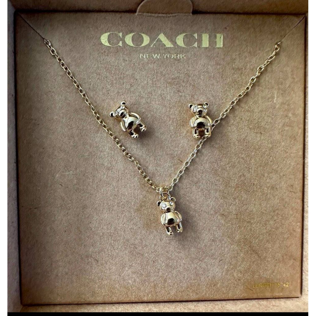 Coach Teddy Bear Earrings And Necklace Set Plated Brass