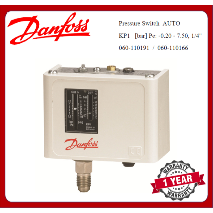 KP1 (ออโต้), -0.2/+7.5 bar,Pressure Switch Danfoss,060-110191,เพรสเชอร์สวิทช์ สวิตช์แรงดัน แดนฟอสส์,
