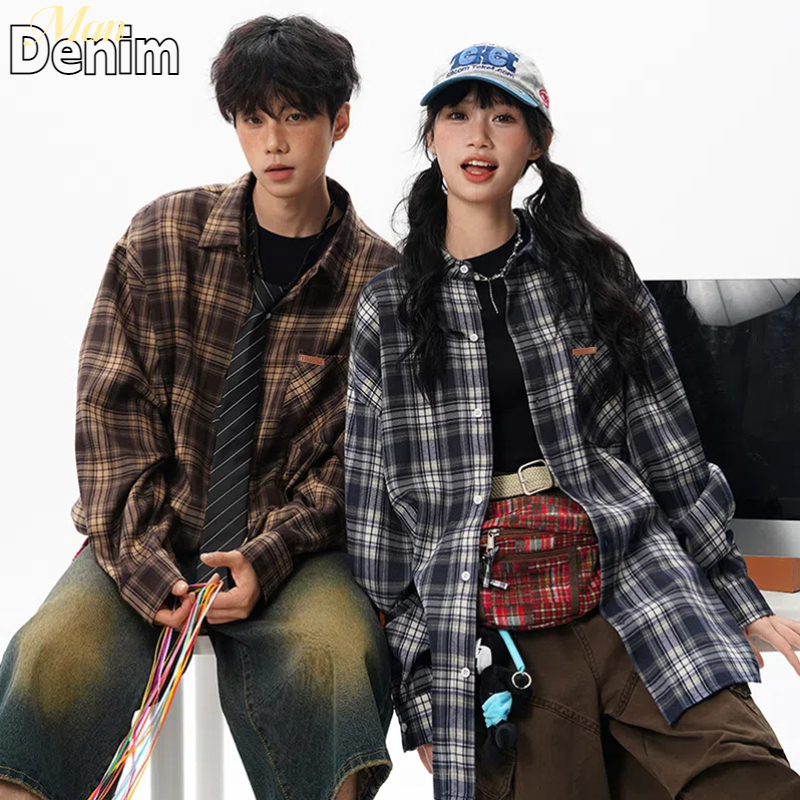 🔆ManDenim🔆 เสื้อเชิ้ตผู้ชาย เสื้อเชิ้ตแขนยาวลายสก็อต สไตล์เกาหลี หลวม ใส่สบาย มีหลายสีให้เลือก เสื้อคู่รักอเนกประสงค์
